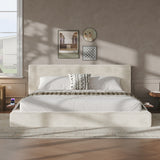 King Size Cloud Bed Frame with Sliding Side Shelves, Soft Plush Upholstered Platform Bed with Padded Headboard, Low Profile Bed Frame with Thick Cushioned Edges, Cream White.