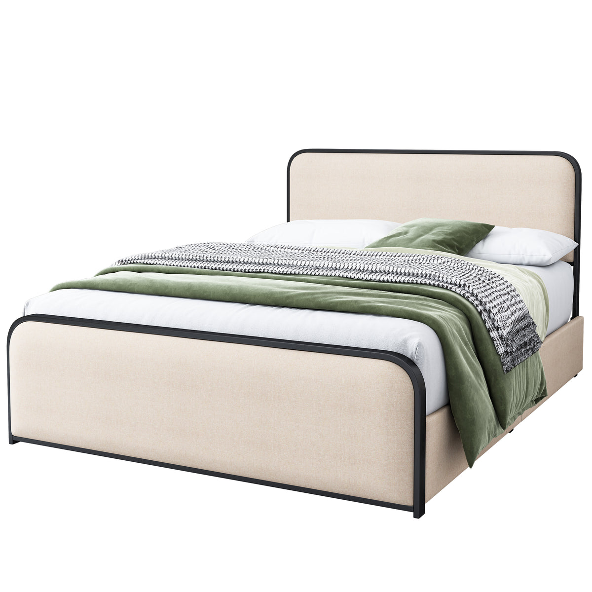 Modern Metal Bed Frame with Upholstered Curved Headboard and Footboard, 4 Storage Drawers, Heavy Duty Metal Slats, King Size, Beige