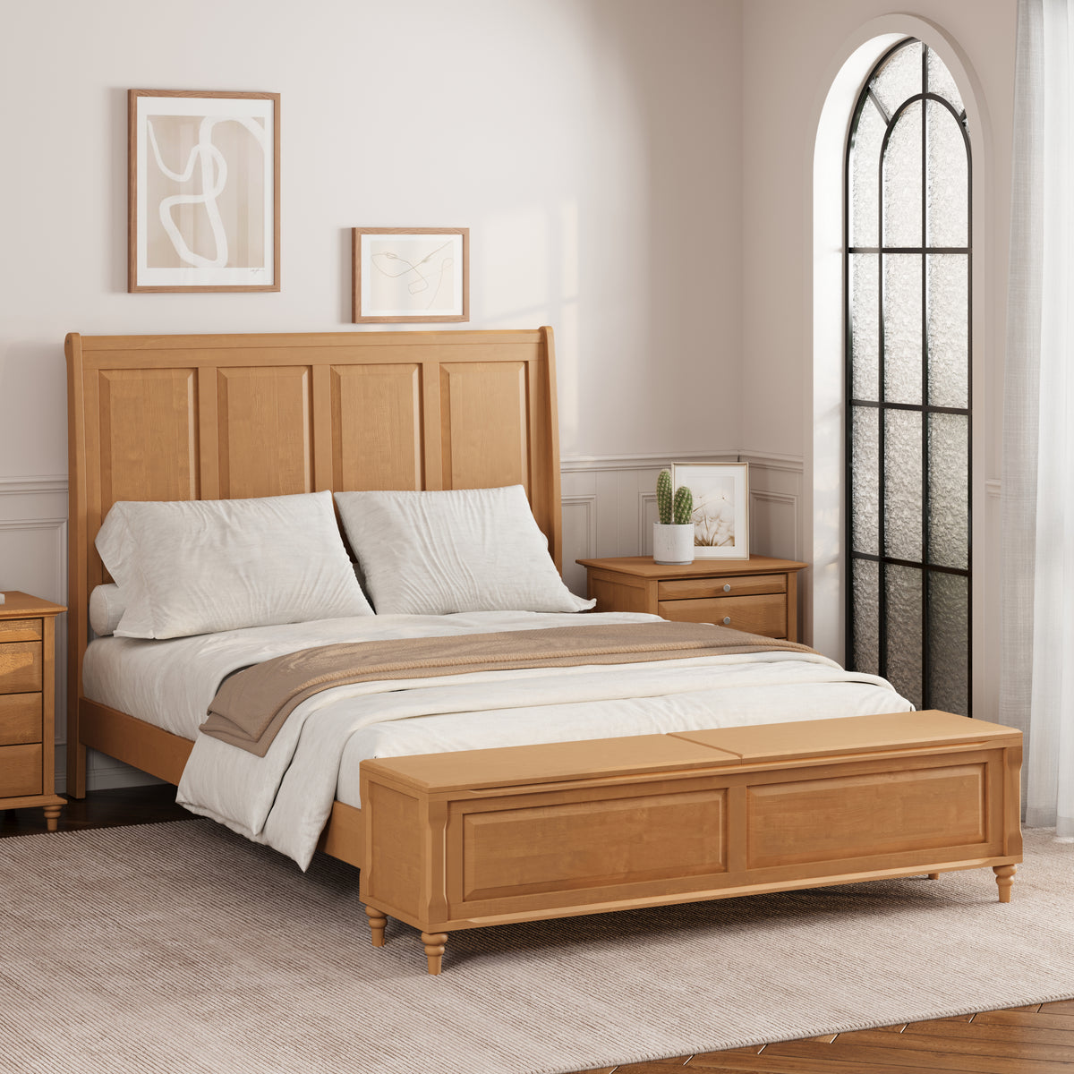 Queen Bed Frame with Tall Headboard and Storage Bench,Soild Wood Sleigh Bed with 64' Storage Chest,No Box Spring Needed, Natural