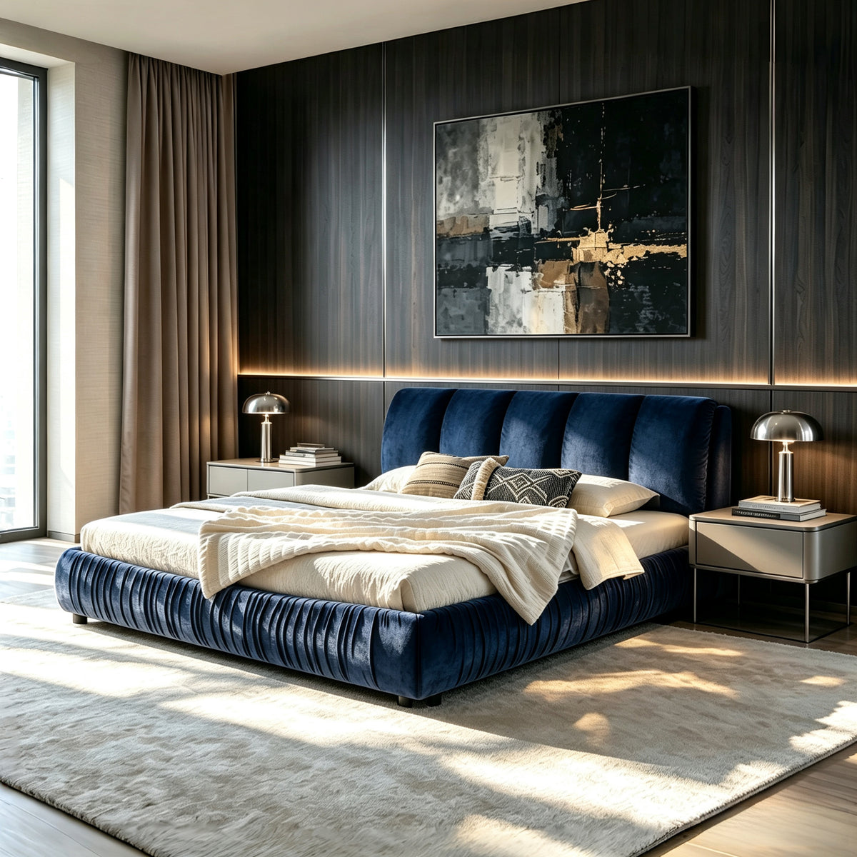 King Size Upholstered Bed Frame, Modern Minimalist Style with Segmented Plump Compressed Sponge Headboard, Shiny velvet & Sturdy Leg Support, Mattress Not Included-Dark Blue