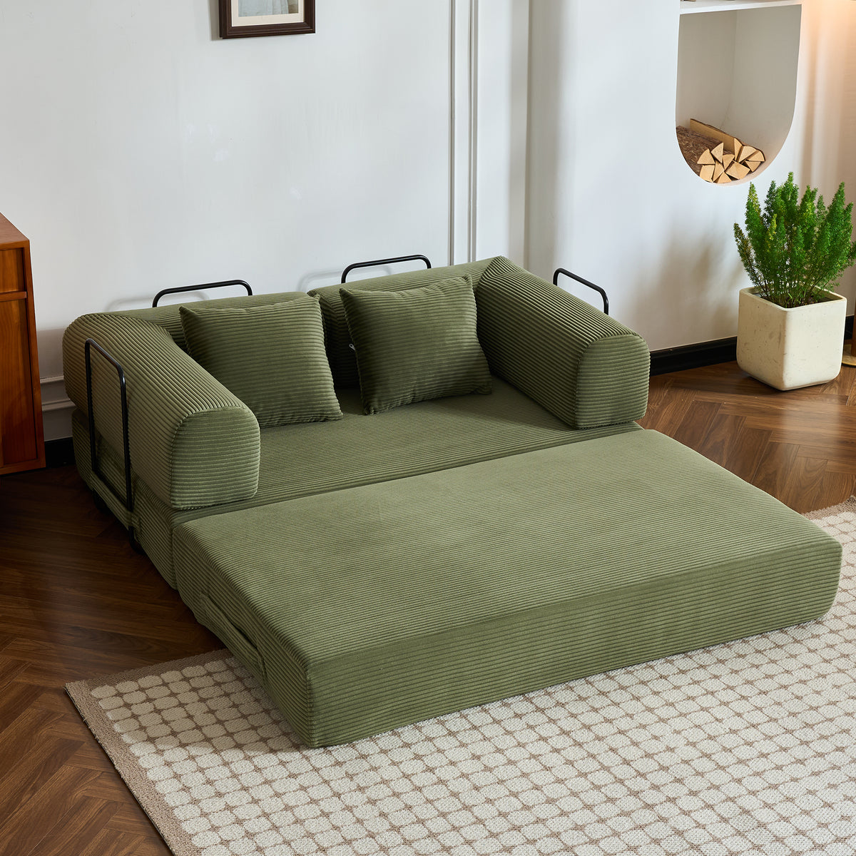 59'' Convertible Sleeper Sofa Bed with Cylindrical Pillow, Corduroy Folding Mattress Couch with Fixed-Shape Frame, Floor Sofa Lounge Couch for Living Room Bedroom (Green)