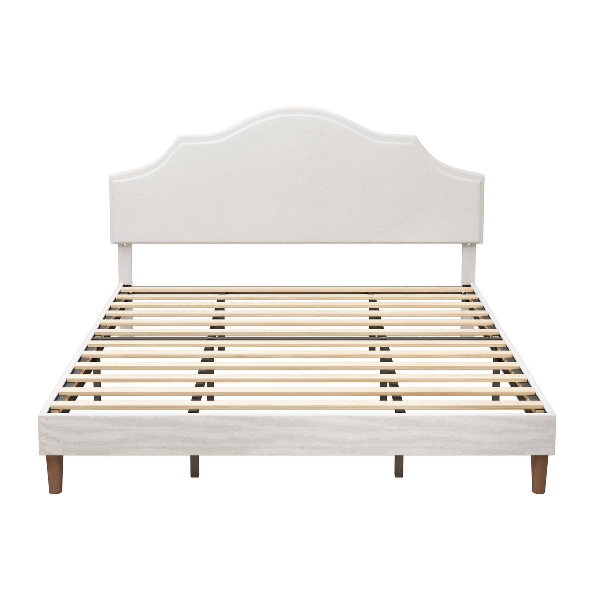 Modern White Upholstered Platform Bed Frame with Adjustable Headboard, Linen Fabric Padded, King Size, No Box Spring Needed, Easy Assembly