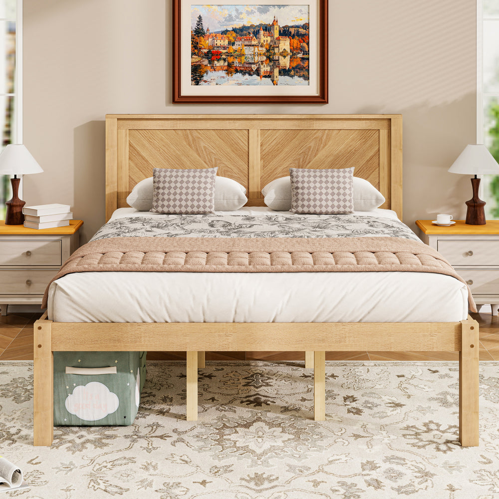 Queen Size Solid Wood Platform Bed Frame with Herringbone Wood Headboard, Farmhouse Chevron Panel Bed, Under Bed Storage Clearance, No Box Spring Needed, Natural Oak Finish