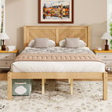Queen Size Solid Wood Platform Bed Frame with Herringbone Wood Headboard, Farmhouse Chevron Panel Bed, Under Bed Storage Clearance, No Box Spring Needed, Natural Oak Finish
