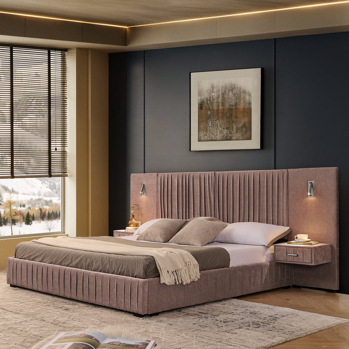 King Size Upholstered Bed Frame with Chenille fabric with pleated design,Grounded King Size Platform Bed with Headboard and Solid Frame and the bedside table.No Box Spring Needed-Pink