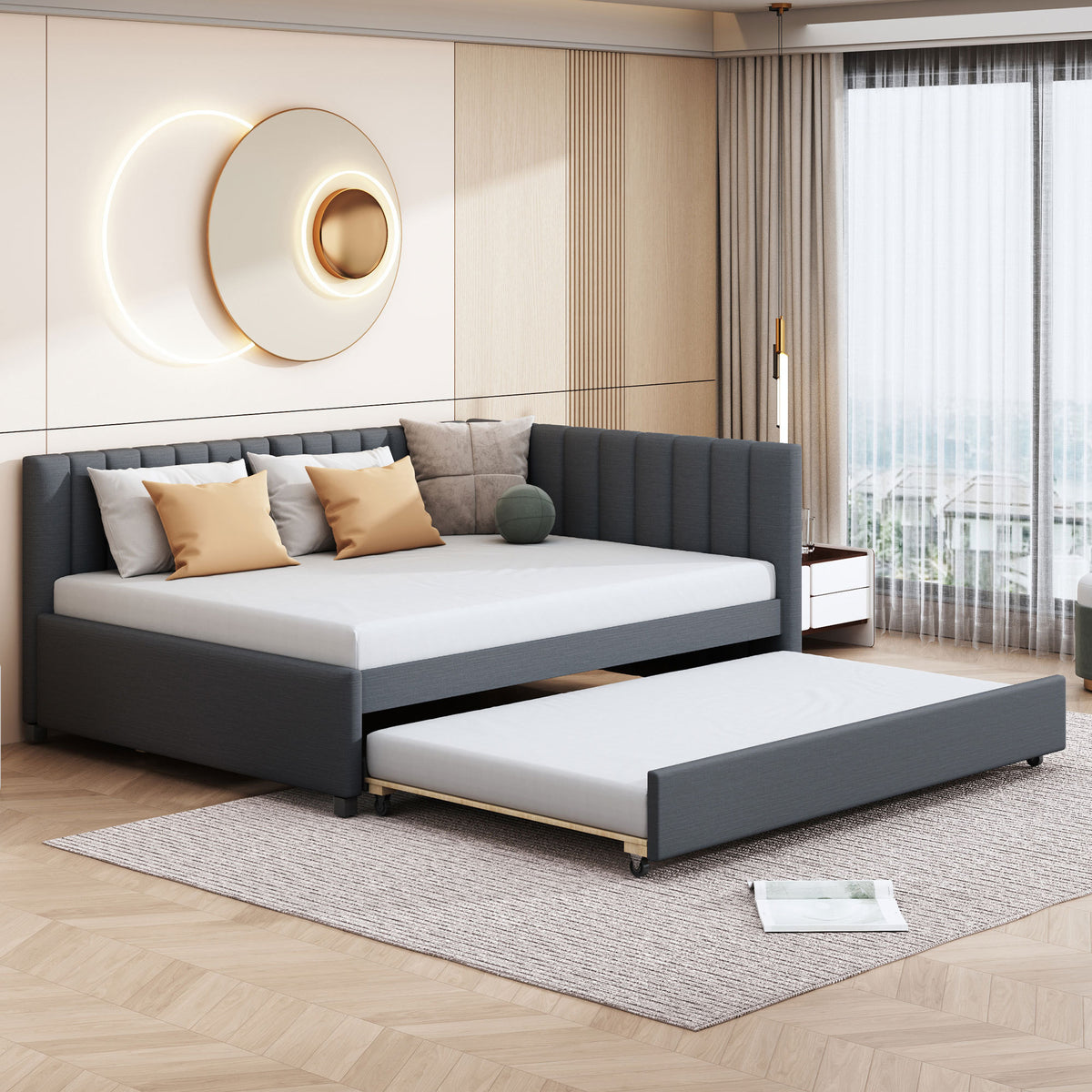 Full Size Upholstered Daybed with Trundle Sofa Bed Frame No Box Spring Needed, Linen Fabric(Gray)(OLD SKU:LP000173AAE

)