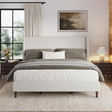High Headboard Upholstered Bed, King Size Bed Frame, 12-Slat Support, Easy to Assemble, Ivory White, Chenille Cloth, No Box Spring Needed