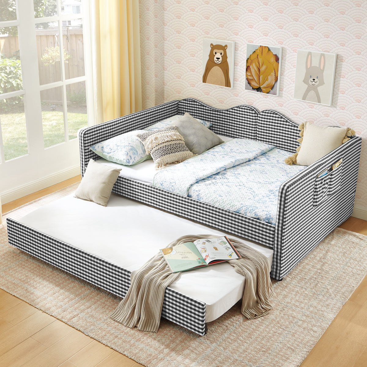 Full‑Size Daybed,Gingham Upholstered Daybed Equipped with Pull-Out Trundle Bed Frame & Side Storage Pocket, Solid Wood Frame Multi-Functional Sofa Bed for Kids Room & Guest Bedroom-Black