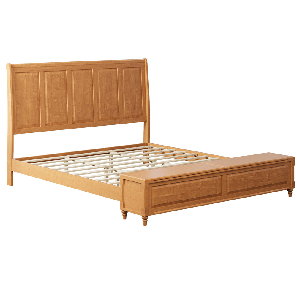 Natural Solid Wood Sleigh Bed Frame with Tall Headboard and 79' Storage Bench, King Size, No Box Spring Needed
