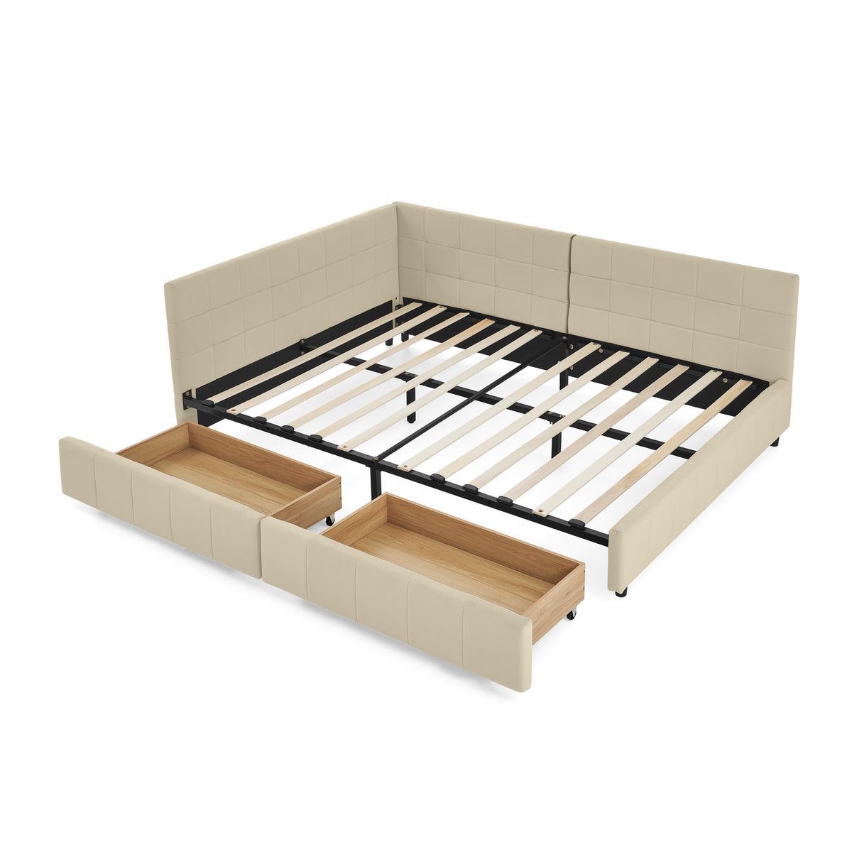 Mid-Century Full Size Storage Upholstered Tufted Bed Frame with Backrest and Armrests, Beige Velvet