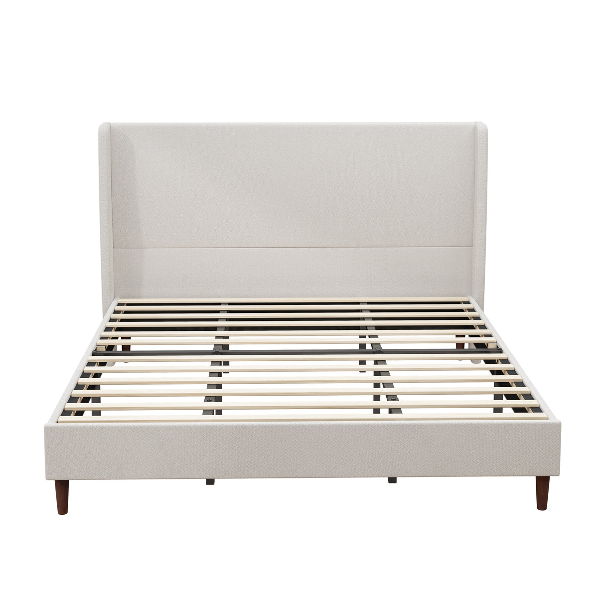 Upholstered King Bed Frame with 12-Slat Support, Ivory White Chenille Cloth,Solid Wood Legs,No Box Spring Needed