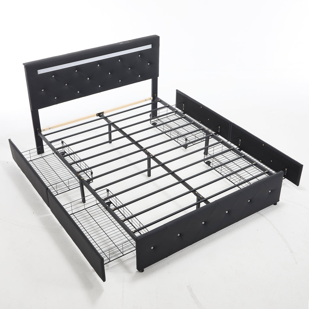 Black PU Upholstered Full Size Bed Frame with LED Lights, 4 Storage Drawers, Adjustable Headboard, Charging Station, Metal Frame, No Box Spring Needed