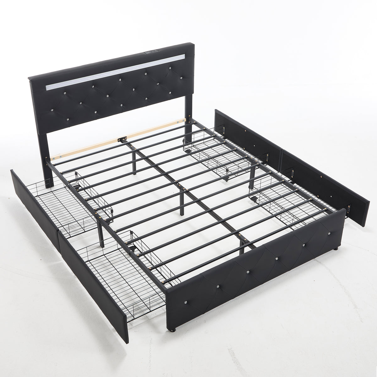 Black PU Upholstered Full Size Bed Frame with LED Lights, 4 Storage Drawers, Adjustable Headboard, Charging Station, Metal Frame, No Box Spring Needed