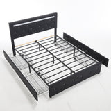Black PU Upholstered Full Size Bed Frame with LED Lights, 4 Storage Drawers, Adjustable Headboard, Charging Station, Metal Frame, No Box Spring Needed