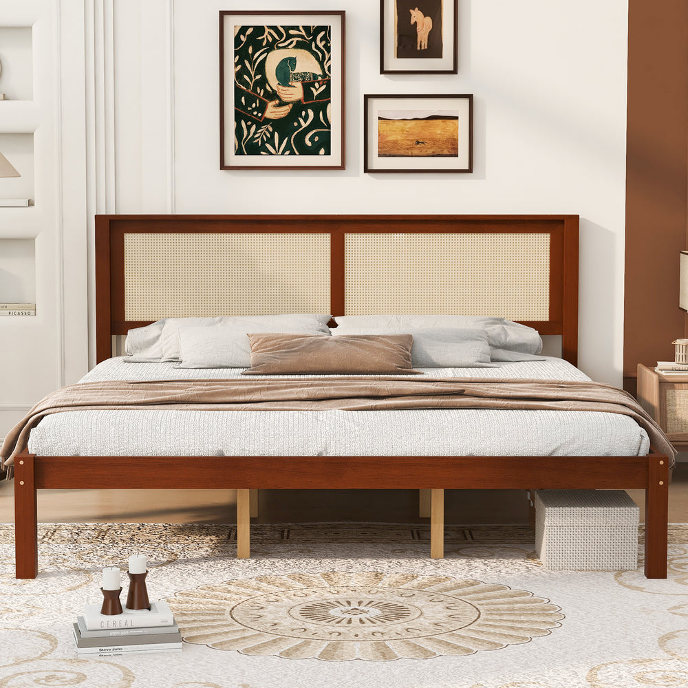 King Size Solid Wood Platform Bed Frame with Rattan Headboard, Farmhouse Cane Panel Bed, Under Bed Storage Clearance, No Box Spring Needed, Sturdy Support Legs, Walnut Finish