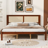 King Size Solid Wood Platform Bed Frame with Rattan Headboard, Farmhouse Cane Panel Bed, Under Bed Storage Clearance, No Box Spring Needed, Sturdy Support Legs, Walnut Finish
