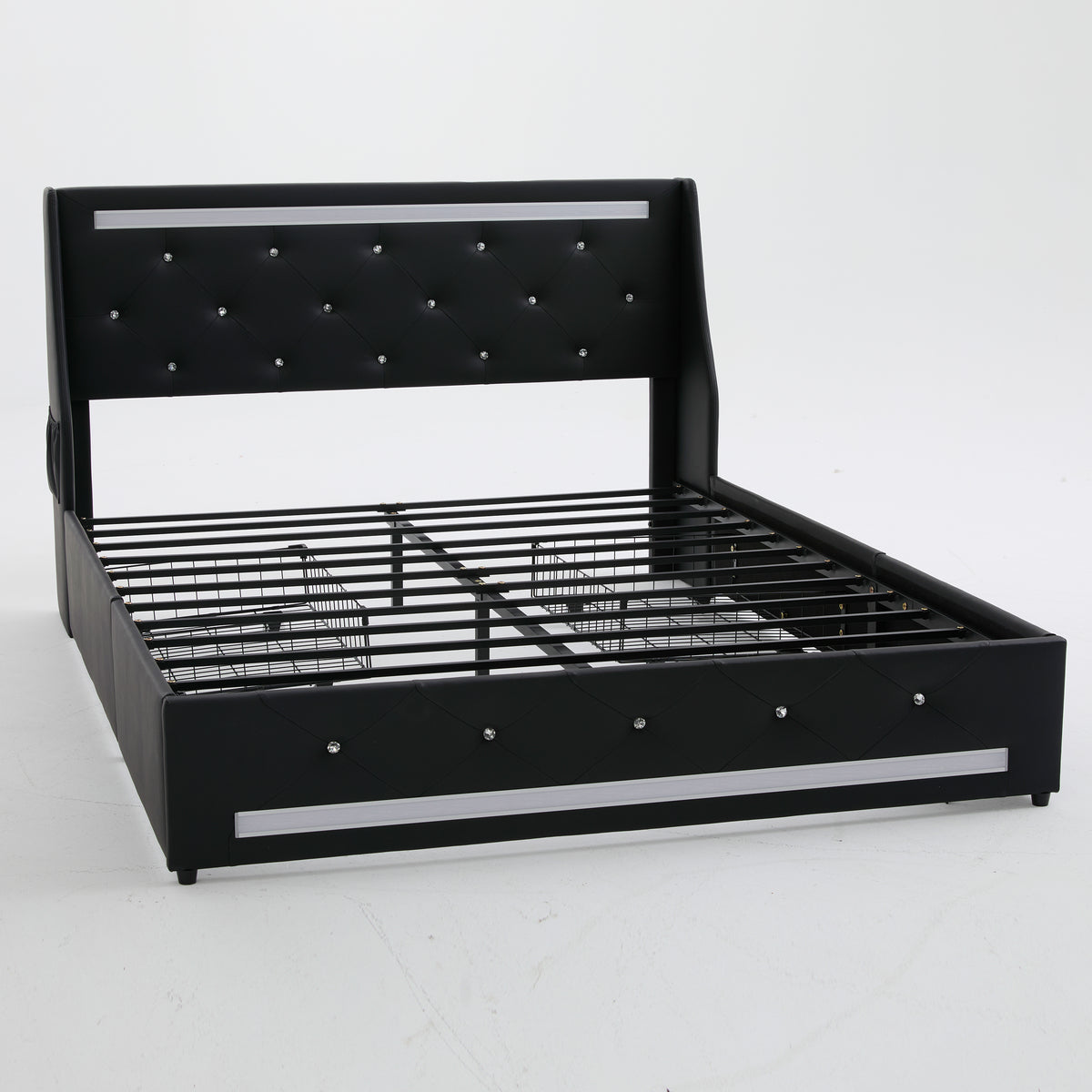 Modern Queen Size Bed Frame with Upholstered Wingback Diamond Headboard, 2 Storage Drawers, LED Lights, Charging Station, Metal Slats, Black
