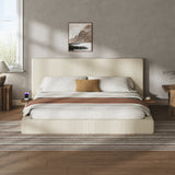 California King Upholstered Platform Bed Frame with Sliding Side Shelves, Corduroy Padded Bed with High-Density Sponge, Low Profile Metal Slat Bed Frame, No Box Spring Needed, Cream.