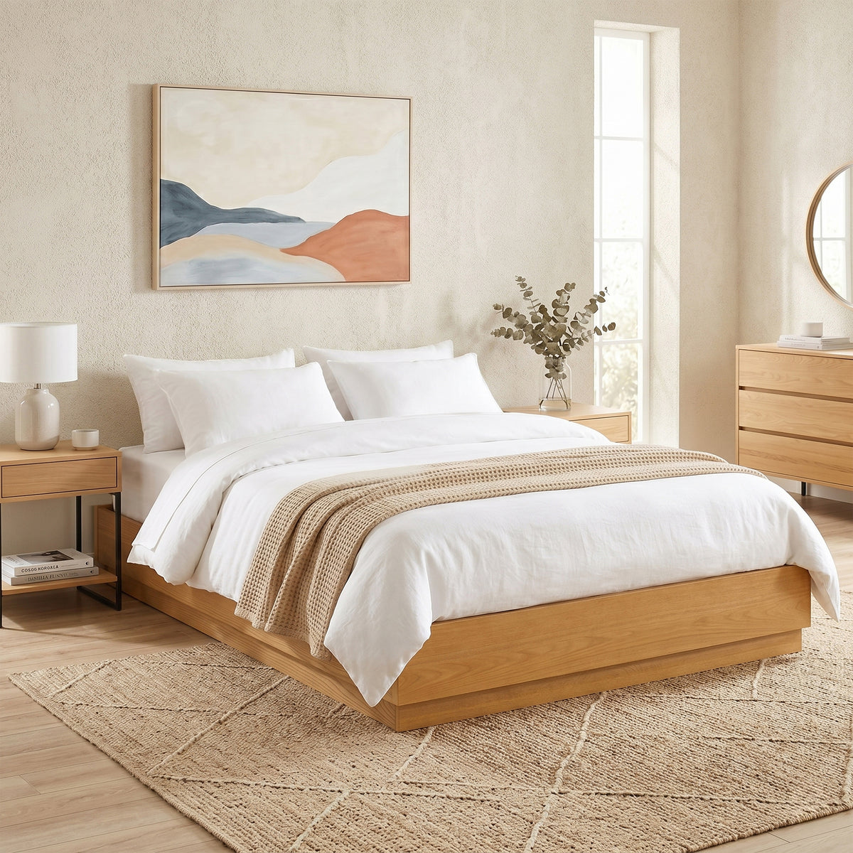 Queen Size Modern Low Profile Platform Bed Frame with Wood Slat Support, Walnut