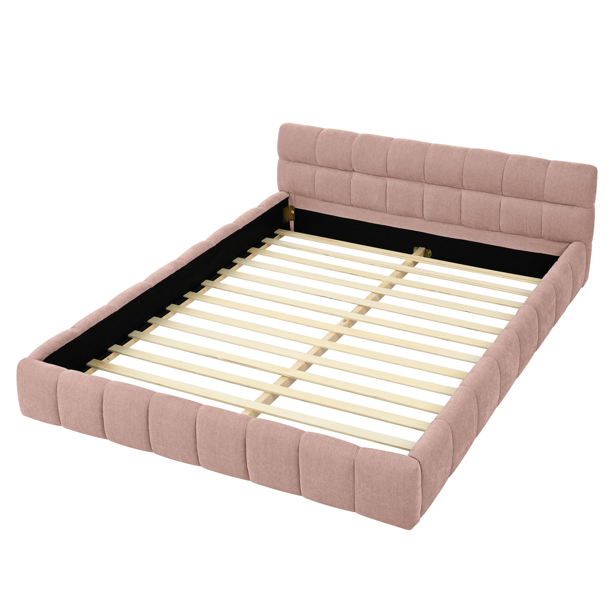 Modern Upholstered Queen Size Bed Frame with Thick Chenille Fabric, Pink, No Box Spring Needed