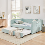 Full‑Size Daybed, Gingham Upholstered 3‑in‑1 Versatile Convertible Sofa Bed with Pull‑Out Trundle & Side Storage Pockets, Ideal for Multiple Room Layouts and Small‑Space Living-CYAN