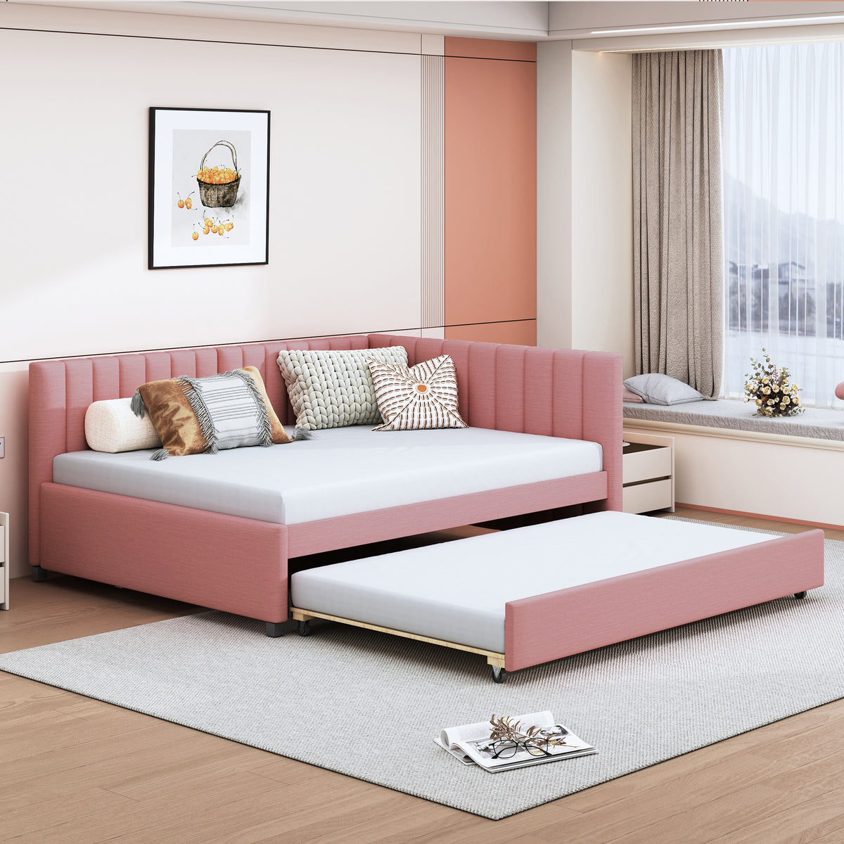 Full Size Upholstered Daybed with Trundle Sofa Bed Frame No Box Spring Needed, Linen Fabric(Pink)(OLD SKU:LP000173AAH

)