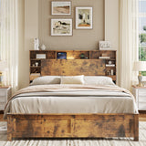 Wood Queen Bed Frame with Storage Headboard - Bed Frame QUEEN Size with Charging Station & LED Lights, Wood Bedframe Queen-Size with Bookcase, Platform Beds, No Box Spring Needed, Dark Brown