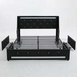 Luxury Wingback Upholstered Full Bed Frame with LED Lights, Charging Station, 2 Storage Drawers, Metal Slats, Black Faux Leather and Metal Construction